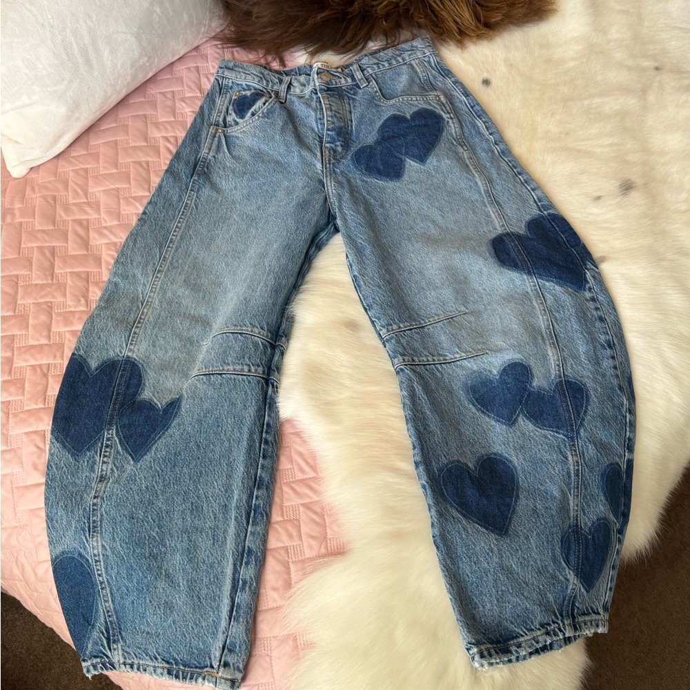 Free People Heart Patterned Blue Jeans
